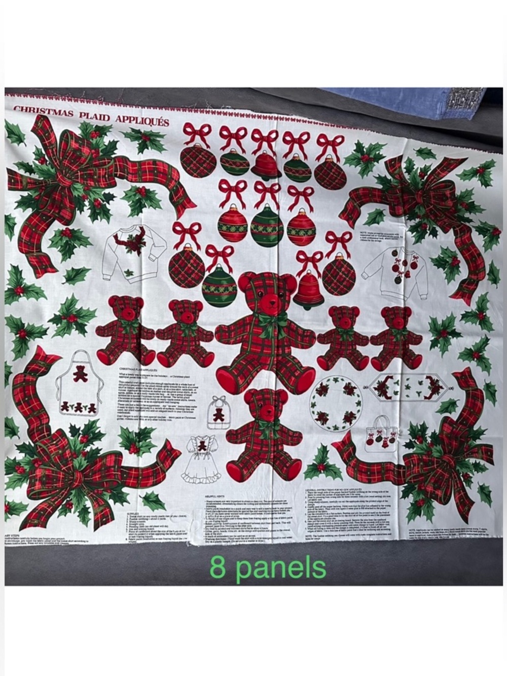Vintage Christmas fabric Plaid Bears Bows Holly Appliqués 8 panels 90s